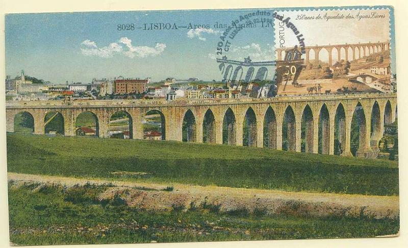 22Lis_2311.jpg -     Lote:    2311      Lotes pelo Correio              Descrição:         1998 &mdash; Aqueduto das Águas Livres. Postal ilustrado do Aqueduto das Águas Livres, com selo de 250$00 retirado do bloco comemorativo dos 250 anos do Aqueduto CE BLC190, obliterados com o carimbo comemorativo do 1.º dia de circulação de Lisboa (20.02.1998).        PM       Valor Base:     &euro; 10,00     Valor Venda:     Retirado     