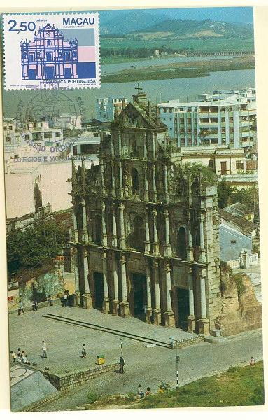 22Lis_2314.jpg -     Lote:    2314      Lotes pelo Correio              Descrição:         1983 &mdash; Edifícios e Monumentos Públicos de Macau (2.º Grupo). Ruínas da Igreja de S. Paulo. Postal ilustrado com selo de 2,50P CE477, obliterados com carimbo de 1.º dia de circulação de Macau (12.05.83).        PM       Valor Base:     &euro; 5,00     Valor Venda:     Retirado     