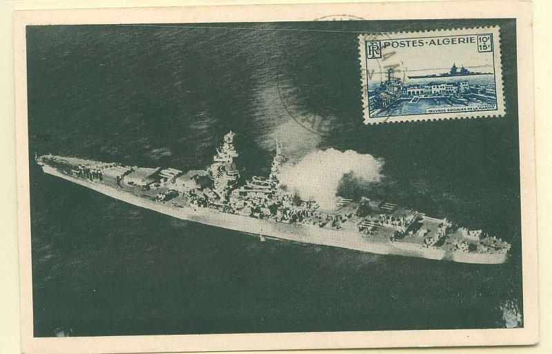 22Lis_2318.jpg -     Lote:    2318      Lotes pelo Correio              Descrição:      Argélia.   1949. Navio de Guerra Richelieu. Postal ilustrado com selo de 10+15F, obliterados com carimbo comemorativo "Oeuvres Sociales de la Marine", datado de Argel (10.02.1949).        PM       Valor Base:     &euro; 5,00     Valor Venda:     &euro; 5,00     