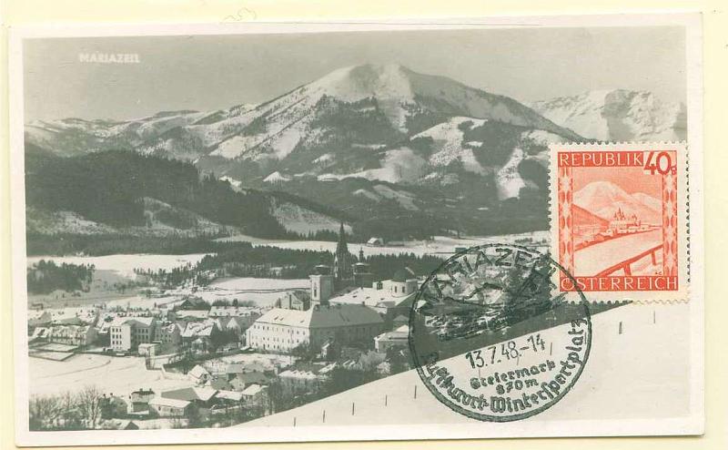 22Lis_2320.jpg -     Lote:    2320      Lotes pelo Correio              Descrição:      Áustria.   1948. Vista geral de Mariazell e sua Catedral. Postal ilustrado com selo de 40, obliterados com carimbo de Mariazell (13.07.48).        PM       Valor Base:     &euro; 10,00     Valor Venda:     Retirado     