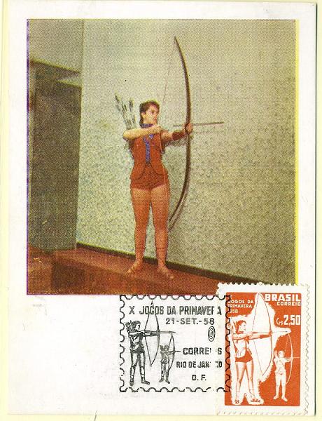 22Lis_2326.jpg -     Lote:    2326      Lotes pelo Correio              Descrição:      Brasil.   Desporto. Tiro com arco. Postal Ilustrado com selo de 2,50 Cr$ dos X Jogos da Primavera em 1958, obliterados com carimbo de 1.º dia de circulação do Rio de Janeiro (21.09.1958).        PM       Valor Base:     &euro; 10,00     Valor Venda:     Retirado     