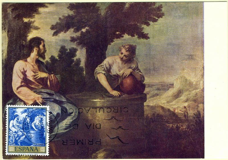 22Lis_2328.jpg -     Lote:    2328      Lotes pelo Correio              Descrição:      Espanha.   Pintura. Jesus e a Samaritana de Alonso Cano. Postal ilustrado com selo de 3 Pts, azul, concordantes, obliterados com carimbo do 1.º dia de circulação de Madrid (24.03.69).        PM       Valor Base:     &euro; 5,00     Valor Venda:     Retirado     