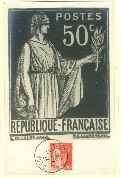 22Lis_2333.jpg -     Lote:    2333      Lotes pelo Correio              Descrição:      França.   Ceres. Postal fotográfico com reprodução do selo de 50c Ceres, com o mesmo selo na cor vermelha, obliterados em Bouisies Nord (12.12.1933).        PM       Valor Base:     &euro; 20,00     Valor Venda:     Retirado     