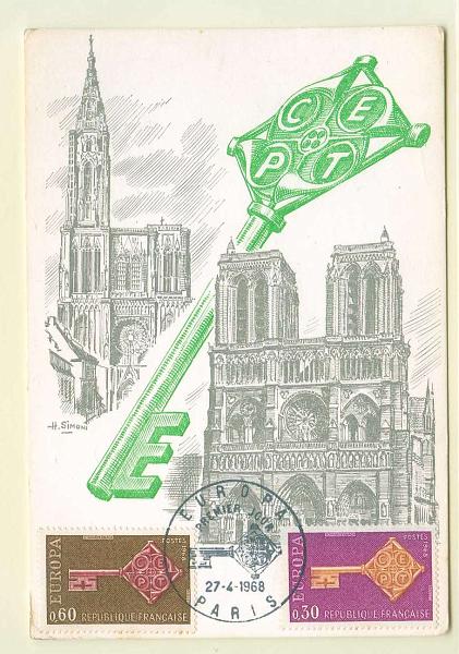 22Lis_2334.jpg -     Lote:    2334      Lotes pelo Correio              Descrição:         1968 &mdash; França. Tema Europa. Sobrescrito com símbolo da emissão (CHAVE), com selos de 0,30 e 0,60 FF, Europa CEPT, obliterados com carimbo do 1.º dia de circulação de Paris (27.04.1968).        PM       Valor Base:     &euro; 5,00     Valor Venda:     Retirado     