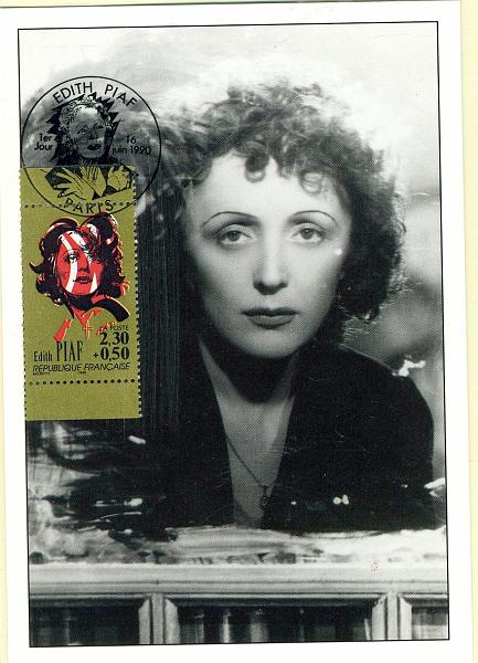 22Lis_2336.jpg -     Lote:    2336      Lotes pelo Correio              Descrição:      França.   Música. Edith Piaf. Postal ilustrado com selo de 2,30 + 0,50 Fr., concordantes, obliterados com carimbo de 1.º dia de circulação de Paris (16.06.1990).        PM       Valor Base:     &euro; 10,00     Valor Venda:     Retirado     