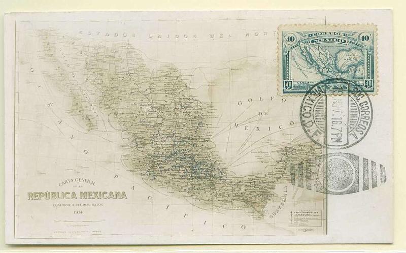22Lis_2341.jpg -     Lote:    2341      Lotes pelo Correio              Descrição:      México.   Mapa. Postal ilustrado com mapa do México, com selo de 40c verde escuro, concordante com o postal, obliterado com marca de dia da Cidade do México (19.11.1916). MB e MR.        PM       Valor Base:     &euro; 40,00     Valor Venda:     Retirado     