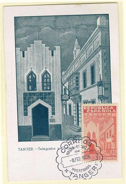 22Lis_2342.jpg -     Lote:    2342      Lotes pelo Correio              Descrição:      Tanger (Espanha).   1938 &mdash; Edifício dos Correios e Telégrafos de Tanger. Postal ilustrado com selo de 0,25 pts, obliterados com carimbo de Tanger (08.02.1938).        PM       Valor Base:     &euro; 15,00     Valor Venda:     Retirado     