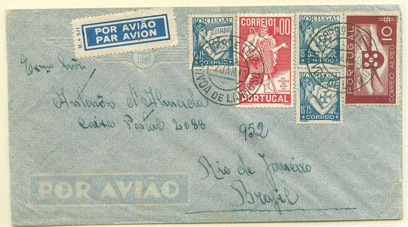22Lis_2386.jpg -     Lote:    2386      Lotes pelo Correio              Descrição:         1933/1946 &mdash; Tipo Hélice + Lusíadas + Gil Vicente. Sobrescrito circulado de Póvoa de Lanhoso (02.10.1940) para o Brasil, com trânsito por Braga e Lisboa, e 3 selos de 1$75 Lusíadas, 1$00 Caravela e 10$00 tipo Hélice.        Aéreo       Valor Base:     &euro; 5,00     Valor Venda:     &euro; 5,00     