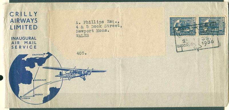 22Lis_2387.jpg -     Lote:    2387      Lotes pelo Correio              Descrição:         1936 &mdash; 1.ª Expedição Regular Lisboa-Londres pela Crilly Airways. Sobrescrito expedido de Lisboa (03.02.1936) para Wales, com par vertical de selos de 1$75 da emissão Sé de Lisboa CE575. Acompanha prospecto em inglês alusivo ao voo e do baptismo do avião com o nome de Lisboa, sendo sua madrinha Maria do Carmo Carmona Costa, neta do Presidente da República.        Aéreo       Valor Base:     &euro; 20,00     Valor Venda:     Retirado     