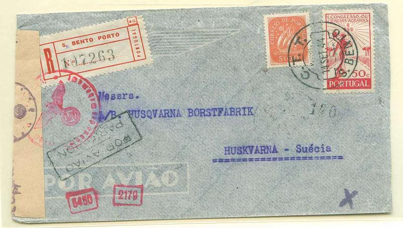 22Lis_2388.jpg -     Lote:    2388      Lotes pelo Correio              Descrição:         1944 &mdash; Lisboa-Suécia. Sobrescrito circulado registado por via aérea de S. Bento / Porto (14.09.44) para a Suécia com trânsito por Lisboa (15.09.44) com selo de 5$00 tipo Caravela e 1$50 do 1.º Congresso das Ciências Agrárias. Censurada pelos alemães.        Aéreo       Valor Base:     &euro; 10,00     Valor Venda:     Retirado     