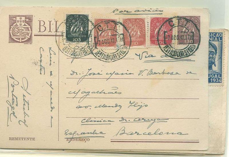 22Lis_2389.jpg -     Lote:    2389      Lotes pelo Correio              Descrição:         Lote de 2 postais portugueses com adicionais para o estrangeiro e uma carta para Casablanca transportada pela AERO PORTUGUESA. Marca AVION mas falta um selo na franquia.        Aéreo       Valor Base:     &euro; 15,00     Valor Venda:     &euro; 15,00     