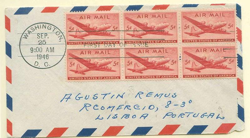 22Lis_2390.jpg -     Lote:    2390      Lotes pelo Correio              Descrição:         1946 &mdash; EUA-LISBOA. Sobrescrito circulado de Washington (25.09.1946) para Lisboa (30.09.46), com 6 selos de 5c (1.º dia de circulação).        Aéreo       Valor Base:     &euro; 5,00     Valor Venda:     Retirado     