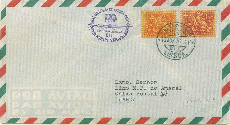 22Lis_2391.jpg -     Lote:    2391      Lotes pelo Correio              Descrição:         1954 &mdash; 1.º Voo da Linha de África com Quadrimotores (Lisboa &mdash; Luanda). Sobrescrito circulado de Lisboa (10.04.54) para Luanda (12.04.54) com selos de 20c e 1$50 Cavaleiro Medieval. Carimbo comemorativo batido a violeta.        Aéreo       Valor Base:     &euro; 3,00     Valor Venda:     Retirado     