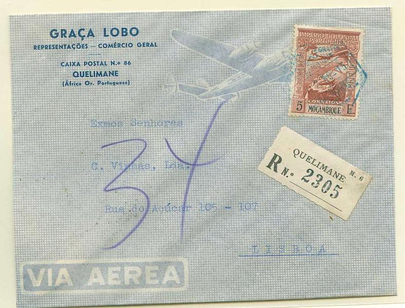 22Lis_2394.jpg -     Lote:    2394      Lotes pelo Correio              Descrição:         1938 &mdash; Correio Aéreo. Império Colonial Português. Sobrescrito circulado registado por via aérea de Quelimane (12.02.1949) para Lisboa (16.02.1949) com selo de 5$00 CE CA7.        Aéreo       Valor Base:     &euro; 5,00     Valor Venda:     Retirado     