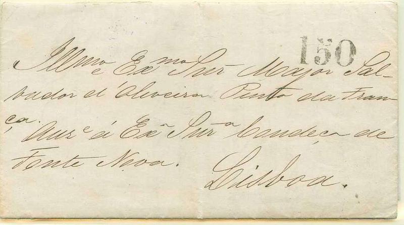 22Lis_2395.jpg -     Lote:    2395      Lotes pelo Correio              Descrição:         Correio marítimo. Carta circulada da Baía (12.11.1861) para Lisboa, porteada em 150 reis batido a preto. No verso carimbo violeta "TRANSATLÂNTICO / 30.11.61".        Carta       Valor Base:     &euro; 8,00     Valor Venda:     Retirado     
