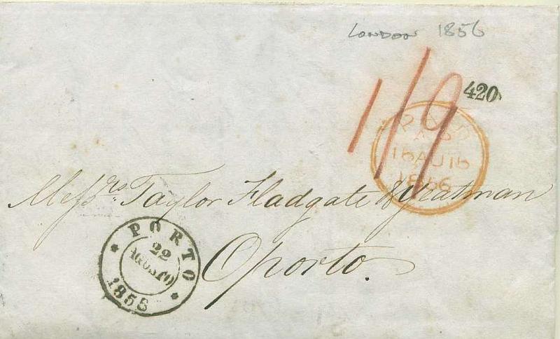 22Lis_2396.jpg -     Lote:    2396      Lotes pelo Correio              Descrição:         Correio marítimo. Carta circulada de Londres (16.08.1856) para o Porto (22.08.1856) porteada em 420 reis.        Carta       Valor Base:     &euro; 5,00     Valor Venda:     Retirado     