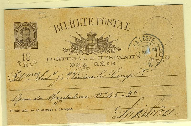 22Lis_2397.jpg -     Lote:    2397      Lotes pelo Correio              Descrição:         Correio ferroviário. 1884 &mdash; D. Luís I de frente. OM9, 10 reis circulado para Lisboa (21.04.86) pela ambulância ferroviária "R. A. LESTE II" de 20.04.1886.        IC       Valor Base:     &euro; 5,00     Valor Venda:     Retirado     