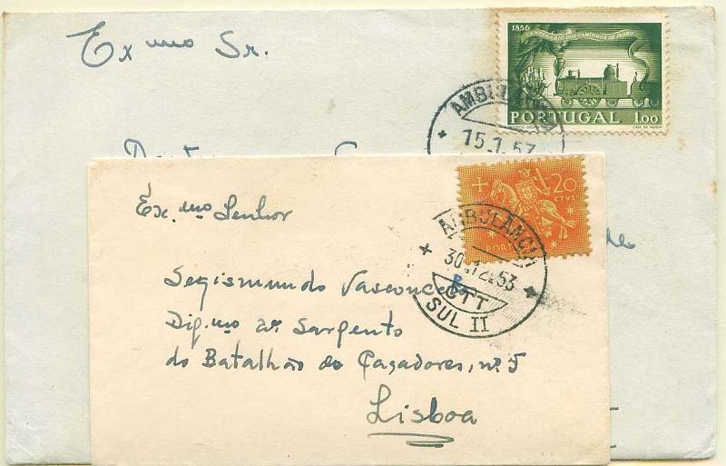 22Lis_2400.jpg -     Lote:    2400      Lotes pelo Correio              Descrição:         Correio Ferroviário. Lote de dois sobrescritos circulados pela AMBULÂNCIA / SUL II, um com selo de 20c Cavaleiro Medieval para Lisboa, e outro com selo de 1$00 do Centenário dos Caminhos de Ferro, circulado para a Covilhã.        Carta       Valor Base:     &euro; 3,00     Valor Venda:     Retirado     