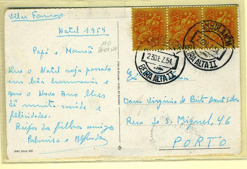 22Lis_2402.jpg -     Lote:    2402      Lotes pelo Correio              Descrição:         Correio ferroviário. Postal ilustrado circulado com três selos de $20 Cavaleiro Medieval CE765, para o Porto, pela AMBULÂNCIA / BEIRA ALTA II / 23 DEZ 54".        IP       Valor Base:     &euro; 3,00     Valor Venda:     &euro; 3,00     