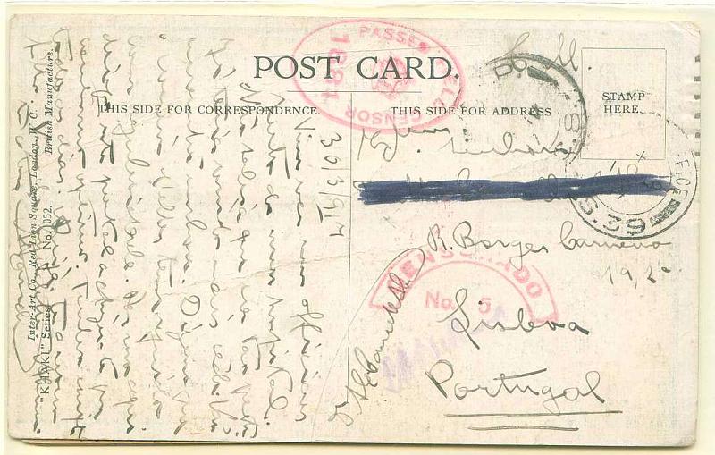 22Lis_2403.jpg -     Lote:    2403      Lotes pelo Correio              Descrição:         1.ª Guerra Mundial. Lote de 3 postais ilustrados, dois circulados para o CEP em França em 1917, com duas marcas de censuras diferentes em cada, sem selos + um postal ilustrado circulado de Inglaterra para Portugal, com 4 marcas de censura diferentes, sendo duas inglesas e duas portuguesas.        Lote       Valor Base:     &euro; 17,00     Valor Venda:     Retirado     