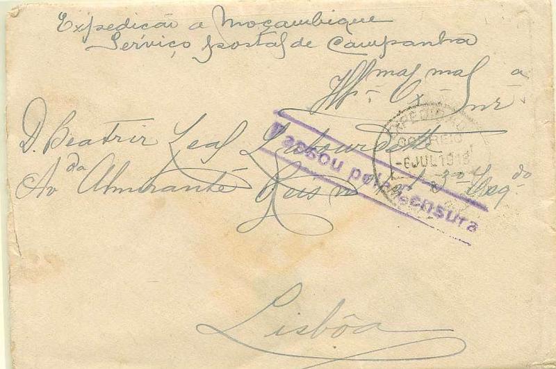 22Lis_2406.jpg -     Lote:    2406      Lotes pelo Correio              Descrição:         1.ª Guerra Mundial. Expedição a Moçambique. Sobrescrito circulado isento de franquia de Mocimboa da Praia (06.07.18) para Lisboa. Isenção manuscrita + carimbo da Expedição batida a preto + carimbo da censura a violeta "PASSOU PELA CENSURA".        Carta       Valor Base:     &euro; 10,00     Valor Venda:     Retirado     