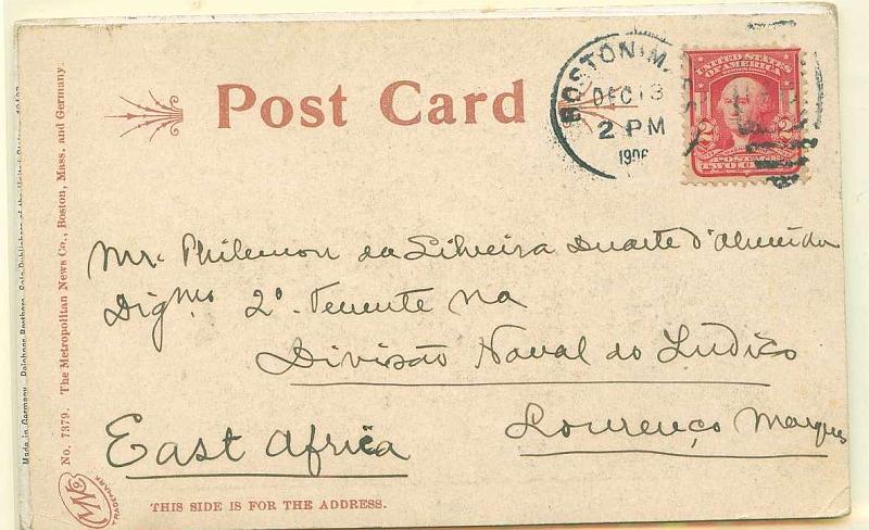 22Lis_2416.jpg -     Lote:    2416      Lotes pelo Correio              Descrição:         Correio Militar. Diversos. 1906 &mdash; Lote de dois postais ilustrados circulado dos EUA com selos de 2 cts em 13.12.1906, para o 2.º Tenente Silveira Duarte de Almeida destacado na Divisão Naval do Índico em Lourenço Marques. Lote interessante.        PI       Valor Base:     &euro; 20,00     Valor Venda:     &euro; 20,00     