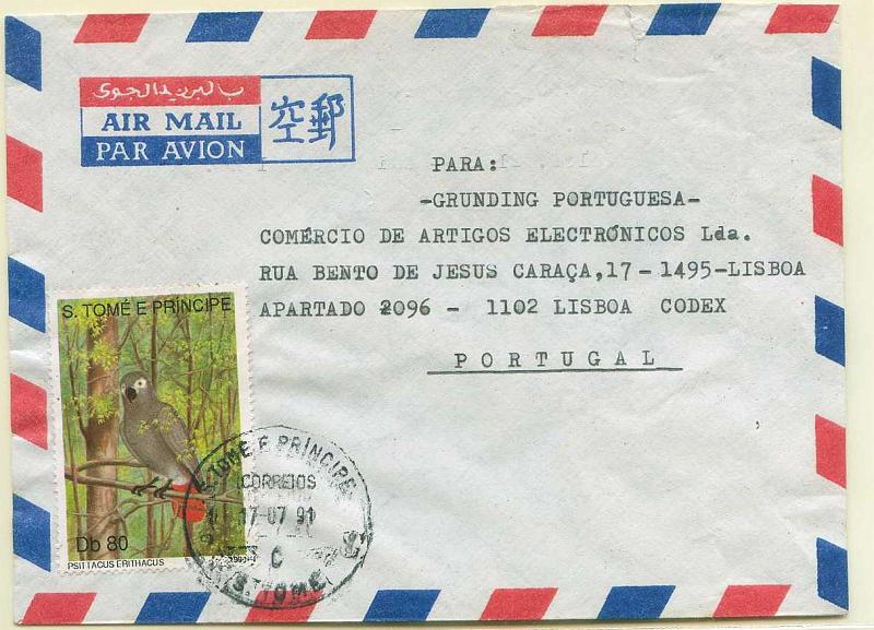 22Lis_2833.jpg -     Lote:    2833      Lotes pelo Correio              Descrição:      S. Tomé * Palops.   1991 &mdash; Aves. Sobrescrito circulado de S. Tomé e Príncipe (17.07.91) para Lisboa com selo de 80 Db.        Carta       Valor Base:     &euro; 3,00     Valor Venda:     Retirado     