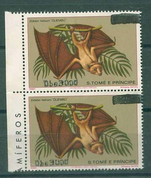 22Lis_2834.jpg -     Lote:    2834      Lotes pelo Correio              Descrição:      S. Tomé e Príncipe * Palops.   1998 - Mamíferos. Sobrecargas locais. CE1451. Par vertical de 3000 Dbs, com uma das sobretaxas deslocada (não catalogada). Pequenos defeitos.        ***       Valor Base:     &euro; 9,00     Valor Venda:     Retirado     