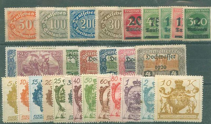 22Lis_2838.jpg -     Lote:    2838      Lotes pelo Correio              Descrição:      Alemanha + Liechtenstein &mdash;   Lote composto por 4 séries da Alemanha (1920) e uma série do Liechtenstein (1920).Scott 32/46 Lote a ver.        **       Valor Base:     &euro; 5,00     Valor Venda:     Retirado     
