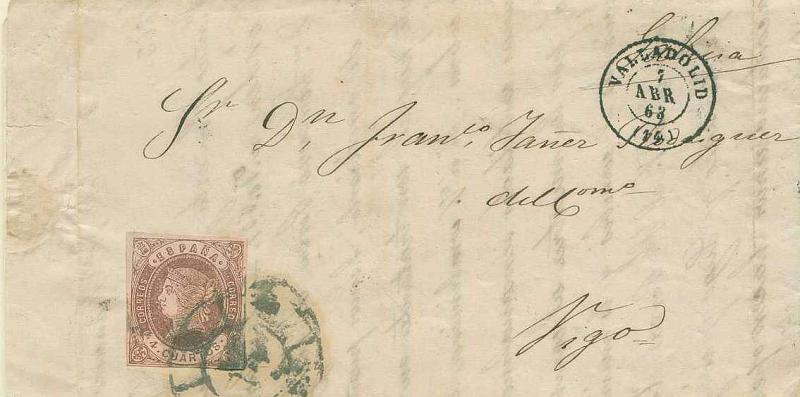 22Lis_2842.jpg -     Lote:    2842      Lotes pelo Correio              Descrição:      Espanha.   Carta circulada de Valladolid (07.07.63) para Vigo com selo da emissão de Isabel II, 4 c., castanho s/ salmão, YV54. B.        Carta       Valor Base:     &euro; 12,00     Valor Venda:     Retirado     
