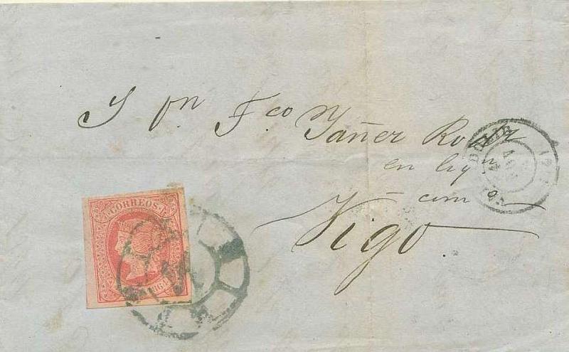22Lis_2843.jpg -     Lote:    2843      Lotes pelo Correio              Descrição:      Espanha.   Carta circulada de Valladolid para Vigo, com selo da emissão de Isabel II, 4c., vermelho s/ salmão, Yv60, com boas margens. B.        Carta       Valor Base:     &euro; 12,00     Valor Venda:     Retirado     