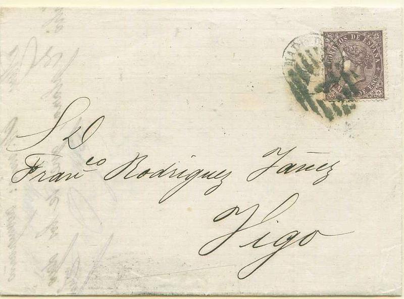 22Lis_2845.jpg -     Lote:    2845      Lotes pelo Correio              Descrição:      Espanha.   1868 &mdash; Isabel II, 50m., Edifil 98, a franquear carta datada de Madrid (19.06.1869) para Vigo.         Carta       Valor Base:     &euro; 6,00     Valor Venda:     Retirado     