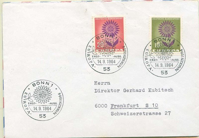 22Lis_2855.jpg -     Lote:    2855      Lotes pelo Correio              Descrição:      Alemanha.   Lote de 6 sobrescritos circulados do tema EUROPA, com as séries Yv313/314 (1964), 350/51 (1965), 483/84 (1970) com carimbos de 1.º dia dos respectivos anos, e Yv817 (1978), 856 (1979) e 1043 (1984).        Lote       Valor Base:     &euro; 9,00     Valor Venda:     Retirado     