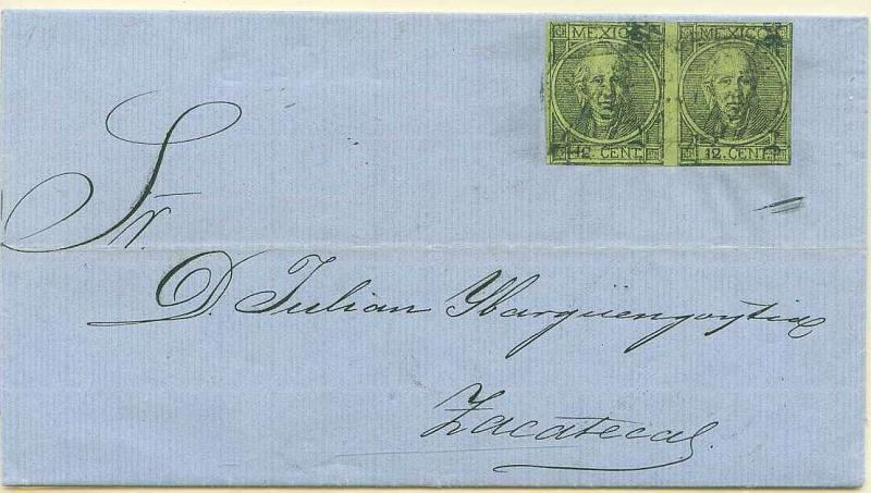 22Lis_2861.jpg -     Lote:    2861      Lotes pelo Correio              Descrição:      México.   1868/72 &mdash; Miguel Hidalgo. Carta com par horizontal de 12c não denteados Yv44, a franquear carta de circulação interna em 1870. B.        Carta       Valor Base:     &euro; 10,00     Valor Venda:     Retirado     