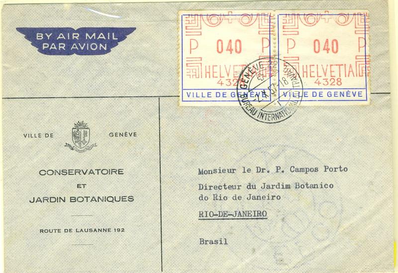 22Lis_2869.jpg -     Lote:    2869      Lotes pelo Correio              Descrição:      Suíça.   Sobrescrito circulado de Genéve (02.10.1957) para o Rio de Janeiro com duas etiquetas de 0,40Fr, impressas a vermelho não catalogadas, e inscrição a azul Ville de Geneve.        Carta       Valor Base:     &euro; 5,00     Valor Venda:     &euro; 5,00     
