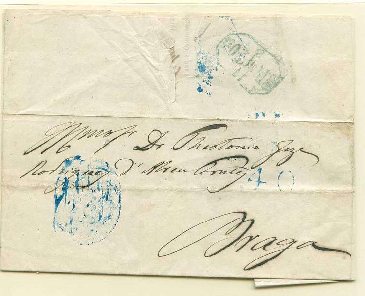 22Lis_2875.jpg -     Lote:    2875      Lotes pelo Correio              Descrição:         1853 &mdash; Circular remetida de Lisboa (12.03.1853) para Braga, com trânsito pelo Porto (17.03.1853) com o porte de 40 reis batido a azul. Impresso - circular da Gazeta dos Tribunais.        Carta       Valor Base:     &euro; 5,00     Valor Venda:     &euro; 5,00     