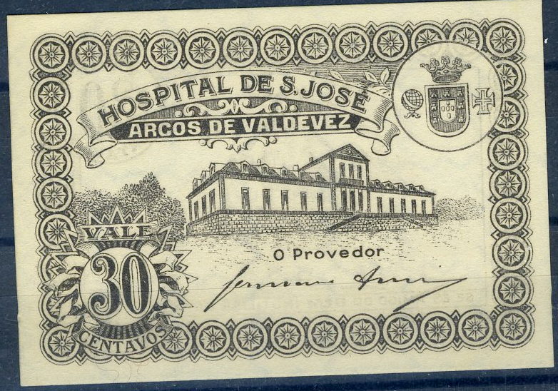 22Lis_2876.jpg -     Lote:    2876      Lotes pelo Correio              Descrição:         Arcos de Valdevez (Hospital de S. José). Cédula de 30 centavos em castanho-escuro. Nova. MB.        CDL       Valor Base:     &euro; 4,00     Valor Venda:     Retirado     