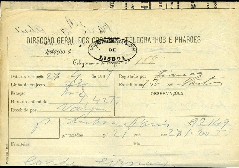 22Lis_2879.jpg -     Lote:    2879      Lotes pelo Correio              Descrição:      Portugal. Telegramas.   Lote de dois telegramas, da Direcção Geral dos Correios Teleg. e Pharoes, um com carimbo oval a preto da "Estação Telegraphica Principal de Lisboa", e outro de 20.08.24 com anúncios comerciais. Lote a ver.        Lote       Valor Base:     &euro; 8,00     Valor Venda:     &euro; 8,00     
