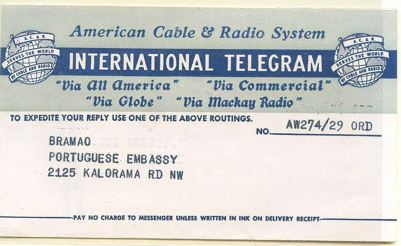 22Lis_2882.jpg -     Lote:    2882      Lotes pelo Correio              Descrição:         Sobrescrito com telegrama no interior da American Cable & Radio System, remetido para a Embaixada Portuguesa em Washington.        TLG       Valor Base:     &euro; 3,00     Valor Venda:     Retirado     
