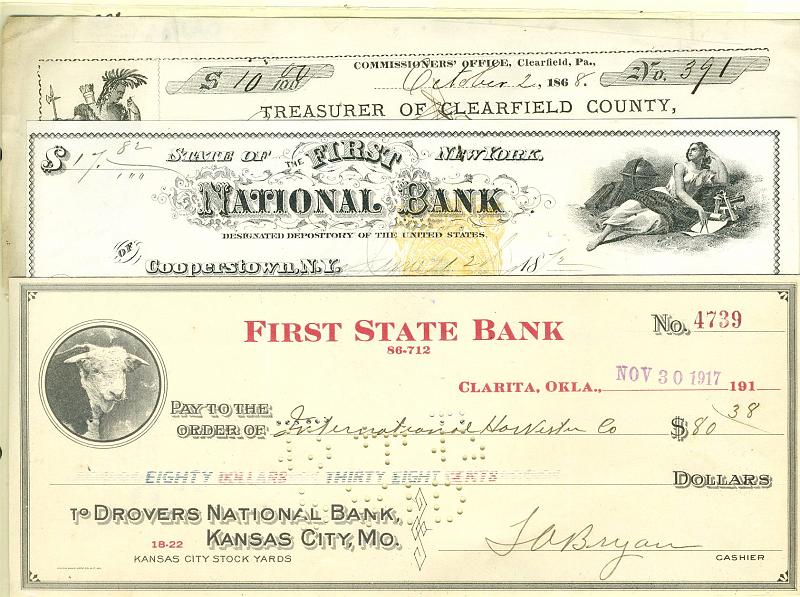 22Lis_2883.jpg -     Lote:    2883      Lotes pelo Correio              Descrição:      EUA.   Lote de 3 cheques: um de 1868 "Treasurer of Clearfield County", outro de 1872 First National Bank, e outro de 1917 First State Bank. Todos com bonitas vinhetas.        CHQ       Valor Base:     &euro; 3,00     Valor Venda:     &euro; 6,00     