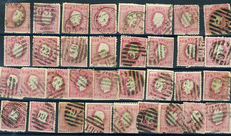 22Lis_2890.jpg -     Lote:    2890      Lotes pelo Correio              Descrição:      Portugal.   Marcofilia diversa. Lote composto por 34 selos de 25 reis D. Luís I fita direita, obliterados com carimbos numéricos da 2.ª reforma e circulares datados. Lote a ver.        Lote       Valor Base:     &euro; 4,00     Valor Venda:     &euro; 4,00     