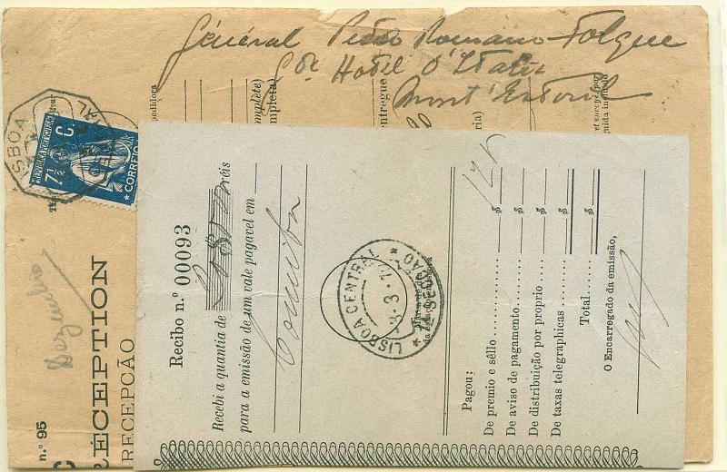 22Lis_2903.jpg -     Lote:    2903      Lotes pelo Correio              Descrição:      Portugal.   Lote composto por Aviso de Recepção, com selo Ceres de 7 &frac12; C, azul, de carta remetida de Lisboa (31.12.19) para Paris + Recibo de Vale datado de Lisboa (03.03.10).        Lote       Valor Base:     &euro; 2,00     Valor Venda:     &euro; 2,00     