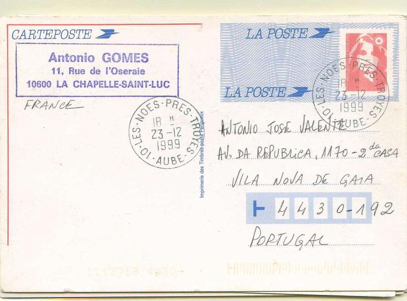 22Lis_2936.jpg -     Lote:    2936      Lotes pelo Correio              Descrição:      França.   Lote de 5 inteiros postais novos e circulados, alguns com carimbos de 1.º dia de circulação. Lote a ver.        Lote       Valor Base:     &euro; 5,00     Valor Venda:     Retirado     