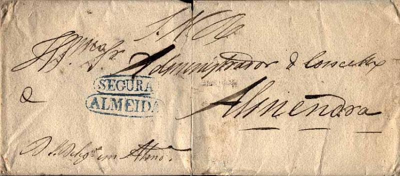 23Lis_0004.jpg -     Lote:    4            Portugal       Descrição:      Almeida * Segura   &mdash; A azul, não catalogada por GM, em capa de carta não datada, de Almeida para Almendra. RARA.        Carta       Valor Base:     &euro; 50,00     Valor Venda:     &euro; 85,00     