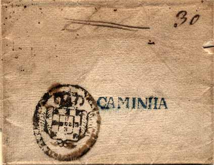 23Lis_0012.jpg -     Lote:    12            Portugal       Descrição:      Caminha   &mdash; A azul, GM CMN2, em carta, com carimbo administrativo, e porte de 30 reis manuscrito a sépia.        Carta       Valor Base:     &euro; 10,00     Valor Venda:     &euro; 10,00     