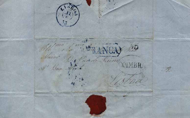 23Lis_0017.jpg -     Lote:    17            Portugal       Descrição:      Coimbra   &mdash; A preto, GM CBR11 em carta datada de Coimbra (15.06.1853) para Lisboa (17.06.53) isenta de porte. Marca "FRANCA" a azul de Lisboa GM LSB PP4. Carta circulada no ÚLTIMO MÊS DO PERÍODO PRÉ-ADESIVO.        Carta       Valor Base:     &euro; 30,00     Valor Venda:     &euro; 30,00     