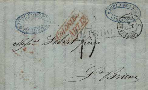 23Lis_0032.jpg -     Lote:    32            Portugal       Descrição:      Lisboa   &mdash; (Correio Marítimo). "LISBON" linear preto (37mm x 9mm) em carta datada de Setúbal (14.09.52) para França (02.10.52) com trânsito por Inglaterra (04.10.52), Calais (05.10.52) e Paris (05.10.52). B.        Carta       Valor Base:     &euro; 15,00     Valor Venda:     Retirado     