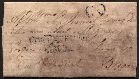 23Lis_0034.jpg -     Lote:    34            Portugal       Descrição:      Lisboa / Cor.º Extraord   &mdash; A preto, GM LSB1 em carta datada de Lisboa (18.11.1800) para Braga, com o porte de 60 reis batido a preto. Carta mal conservada.        Carta       Valor Base:     &euro; 20,00     Valor Venda:     Retirado     