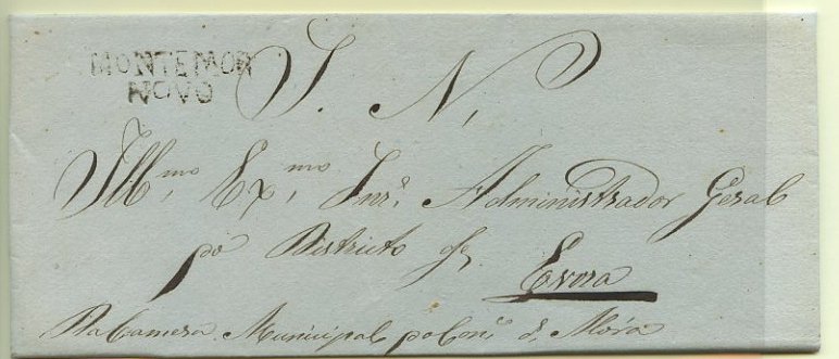 23Lis_0038.jpg -     Lote:    38            Portugal       Descrição:      Montemor Novo   &mdash; A sépia, GM MMN3 em carta datada de Montemor (01.07.1839) para Évora, isenta de porte. Data anterior à catalogada.        Carta       Valor Base:     &euro; 30,00     Valor Venda:     &euro; 38,00     