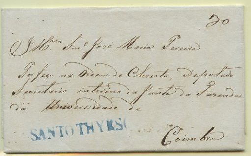 23Lis_0042.jpg -     Lote:    42            Portugal       Descrição:      Santo Thyrso   &mdash; A azul, GM STS1, em carta circulada de Negrelos (20.07.1834) para Coimbra, com o porte de 30 reis, manuscrito a sépia. Marca bem batida.        Carta       Valor Base:     &euro; 12,00     Valor Venda:     &euro; 38,00     